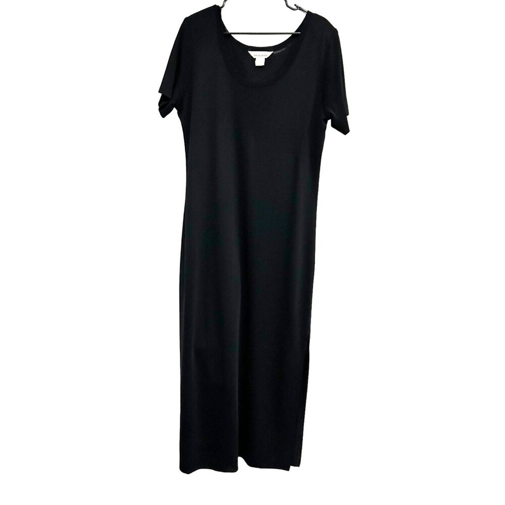 Exclusively Misook Long Black Dress Slit Hem Size L Short Sleeve